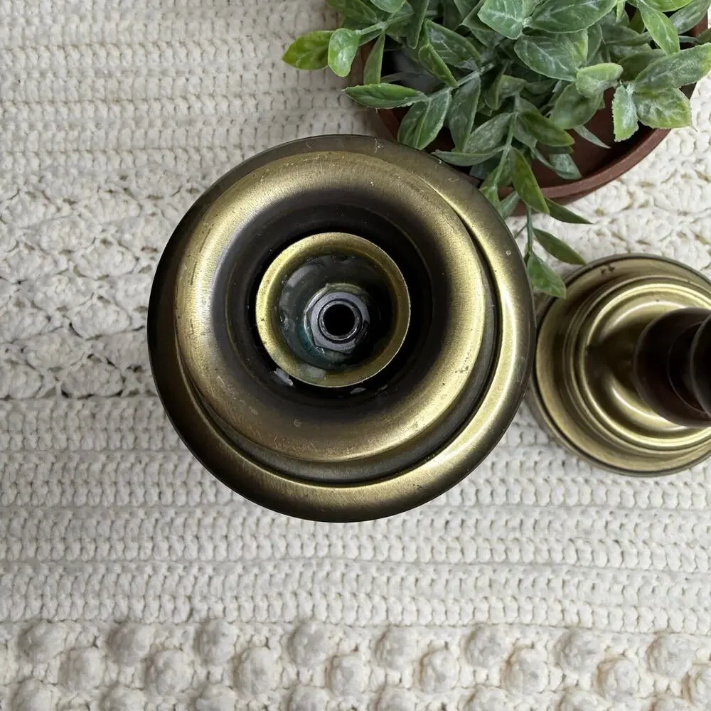 Vintage Mid Century Brass and Wood Candlestick Holders Set of Two Heavy